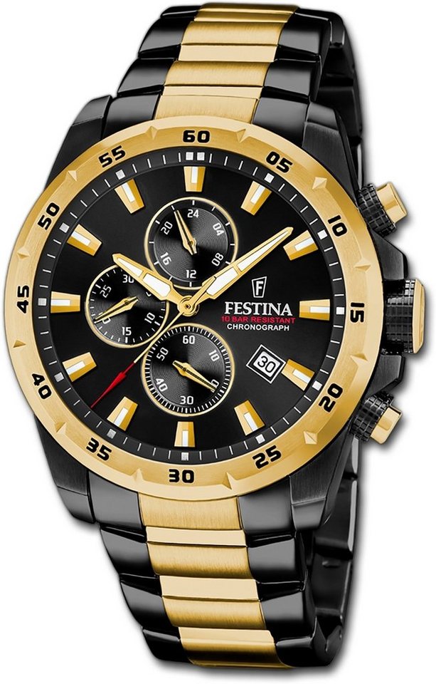 Festina Quarzuhr Festina Herrenuhr Chronograph Sport, Herrenuhr Edelstahlarmband schwarz, gold, rund, groß (ca. 45mm) von Festina