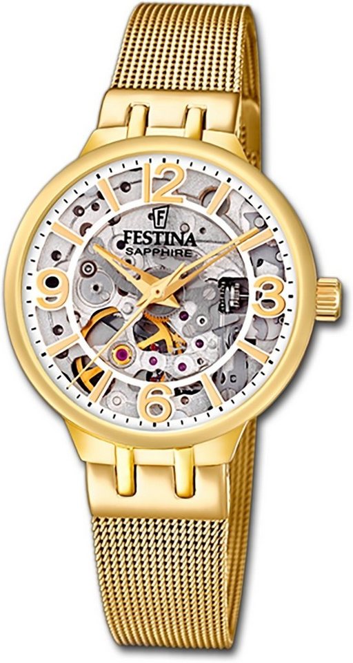 Festina Quarzuhr Festina Damenuhr Automatik Armbanduhr, Damenuhr Edelstahlarmband gold, rund, mittel (ca. 33mm) von Festina