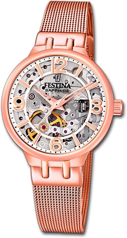 Festina Quarzuhr Festina Damenuhr Automatik Armbanduhr, Damenuhr Edelstahlarmband rosé, rund, mittel (ca. 33mm) von Festina