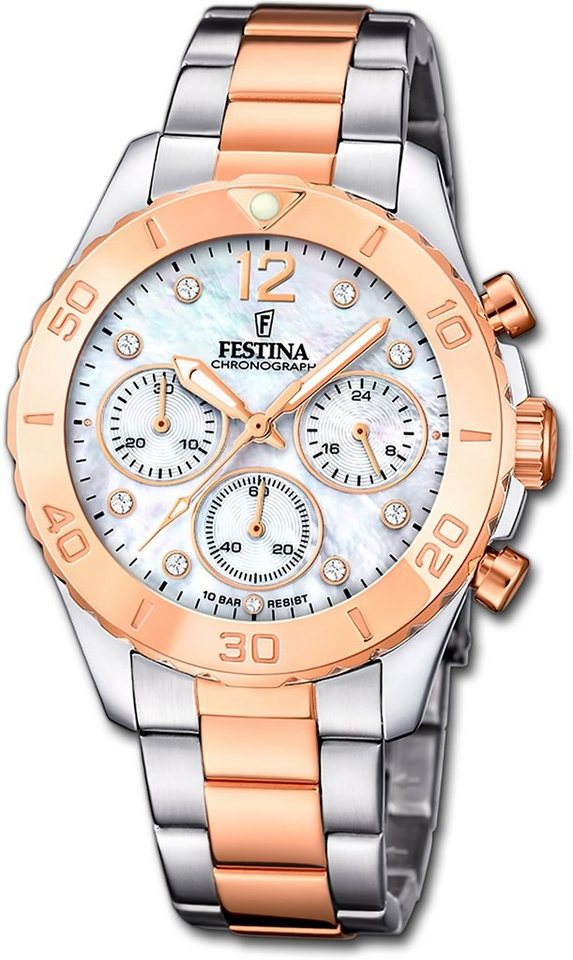 Festina Quarzuhr Festina Damenuhr Boyfriend Armbanduhr, Damenuhr Edelstahlarmband silber, rosé, rund, mittel (ca. 39mm) von Festina