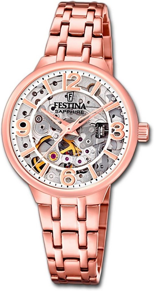 Festina Quarzuhr Festina Damenuhr Automatik Armbanduhr, Damenuhr Edelstahlarmband rosegold, rund, mittel (ca. 33mm) von Festina