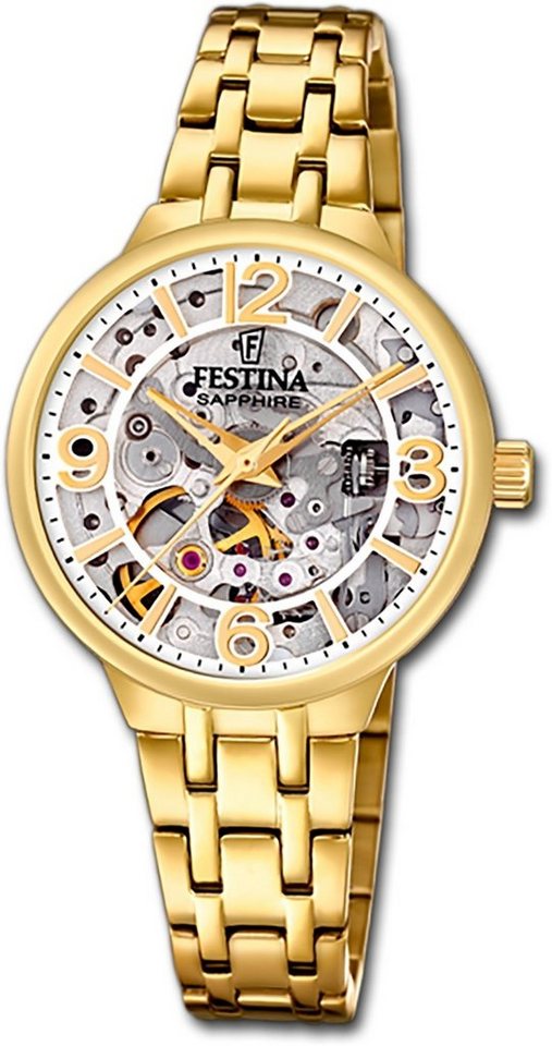 Festina Quarzuhr Festina Damenuhr Automatik Armbanduhr, Damenuhr Edelstahlarmband gold, rund, mittel (ca. 33mm) von Festina