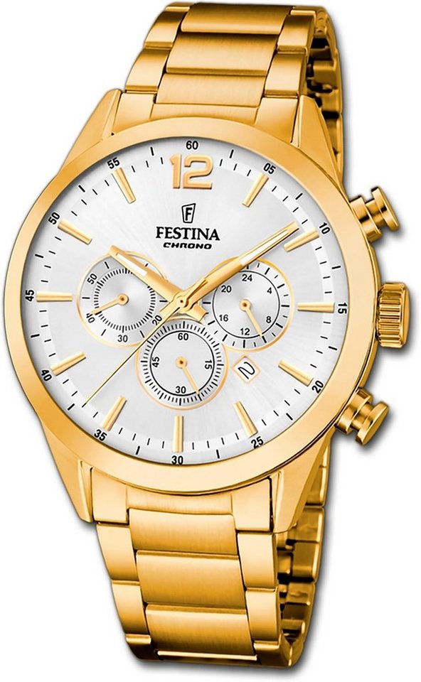 Festina Chronograph Festina Herrenuhr Timeless Chronograph, Herrenuhr Edelstahlarmband gold, rund, groß (ca. 44mm) von Festina