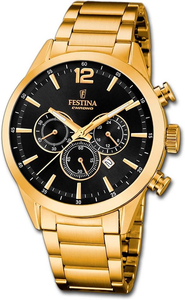 Festina Chronograph Festina Herrenuhr Timeless Chronograph, Herrenuhr Edelstahlarmband gold, rund, groß (ca. 44mm) von Festina