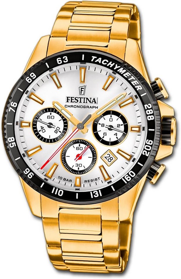 Festina Chronograph Festina Herrenuhr Timeless Chronograph, Herrenuhr Edelstahlarmband gold, rund, groß (ca. 45mm) von Festina