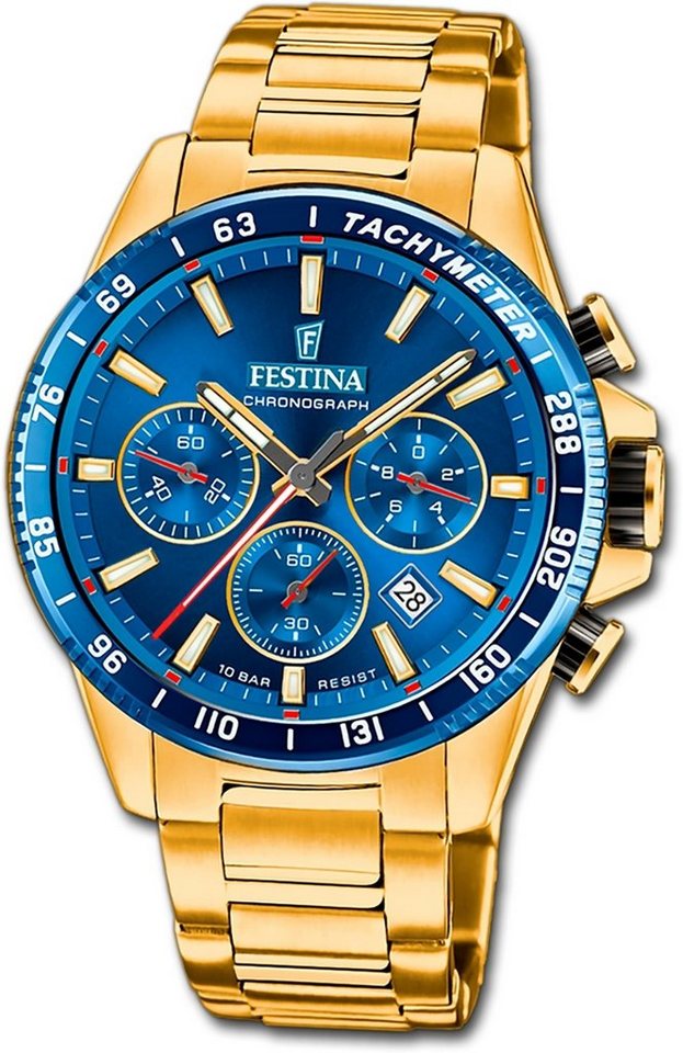 Festina Chronograph Festina Herrenuhr Timeless Chronograph, Herrenuhr Edelstahlarmband gold, rund, groß (ca. 45mm) von Festina