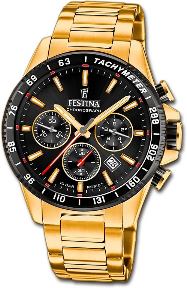 Festina Chronograph Festina Herrenuhr Timeless Chronograph, Herrenuhr Edelstahlarmband gold, rund, groß (ca. 45mm) von Festina