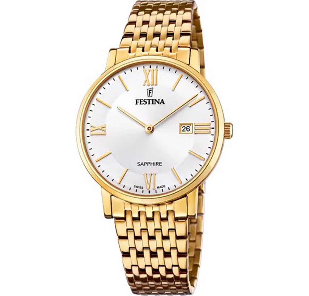 Festina Quarzuhr F20020/1 Herren-Uhr Swiss Made Analog Quarz Edelstahl-Armband Gold von Festina