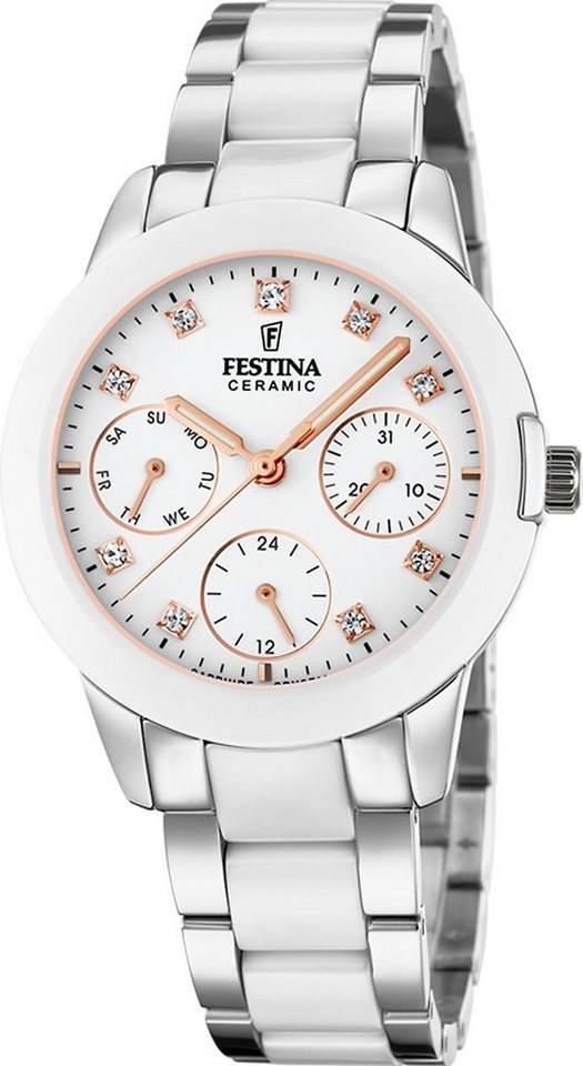 Festina Quarzuhr Festina Damen Uhr F20497/1 Edelstahlband, Damen Armbanduhr rund, Edelstahl, Keramikarmband silber, weiß, Fashion von Festina