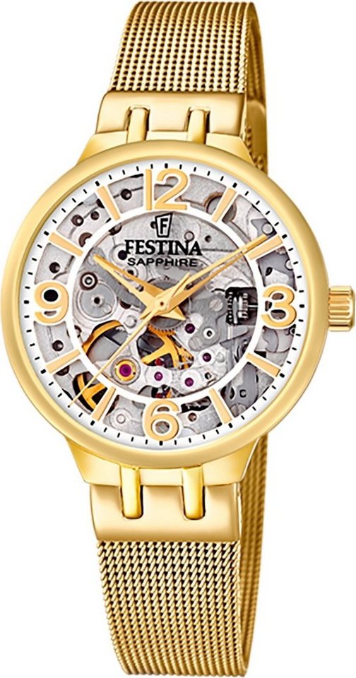 Festina Quarzuhr Festina Damenuhr Automatik, Damen Armbanduhr rund, Edelstahlarmband gold, Elegant von Festina