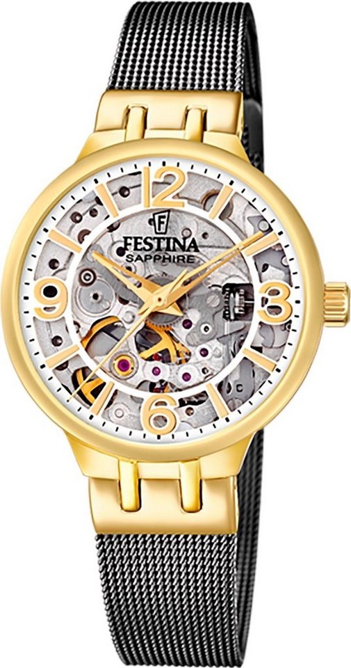 Festina Quarzuhr Festina Damenuhr Automatik, Damen Armbanduhr rund, Edelstahlarmband schwarz, Elegant von Festina