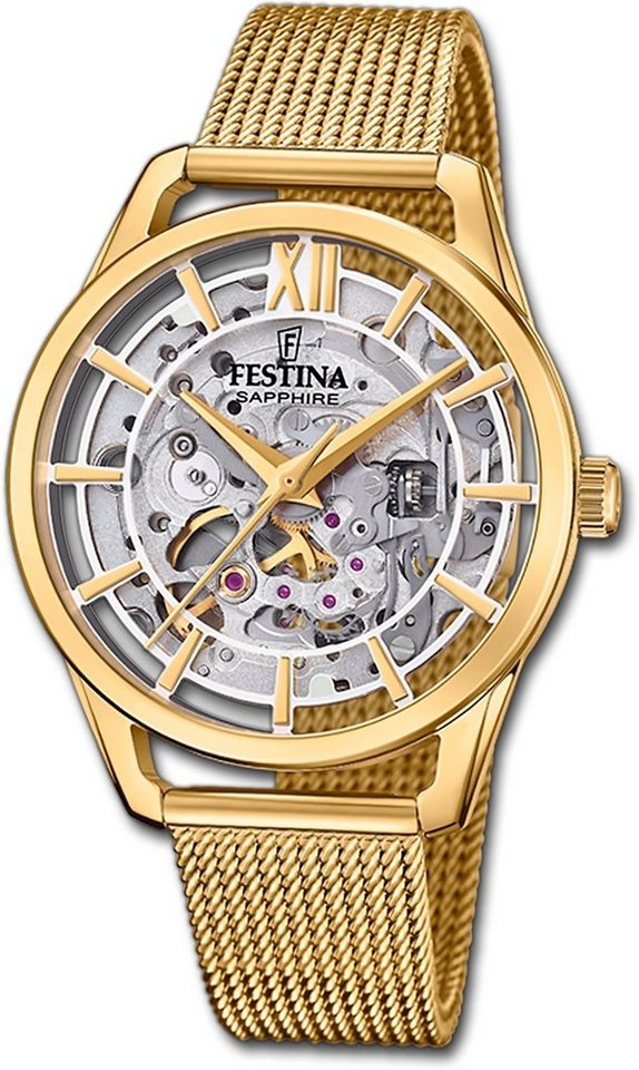 Festina Quarzuhr Festina Damenuhr Automatik Armbanduhr, Damenuhr Edelstahlarmband gold, rund, mittel (ca. 36mm) von Festina