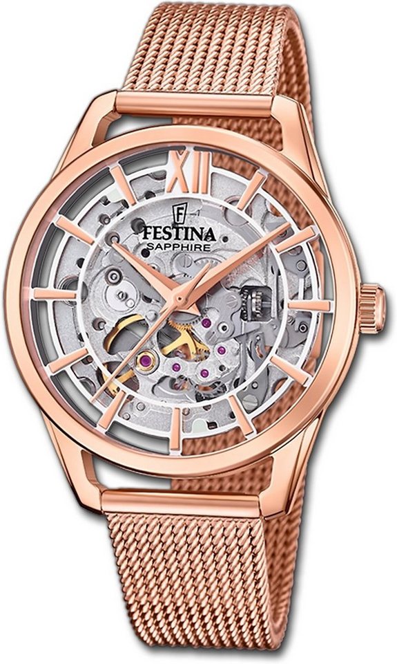 Festina Quarzuhr Festina Damenuhr Automatik Armbanduhr, Damenuhr Edelstahlarmband rosé, rund, mittel (ca. 36mm) von Festina