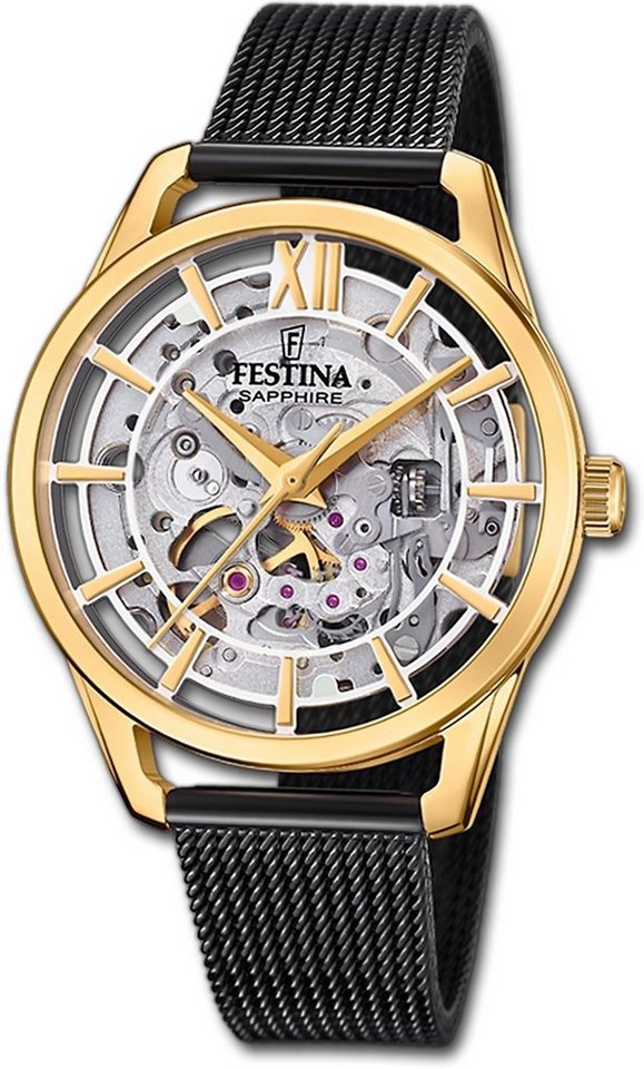 Festina Quarzuhr Festina Damenuhr Automatik Armbanduhr, Damenuhr Edelstahlarmband schwarz, rund, mittel (ca. 36mm) von Festina