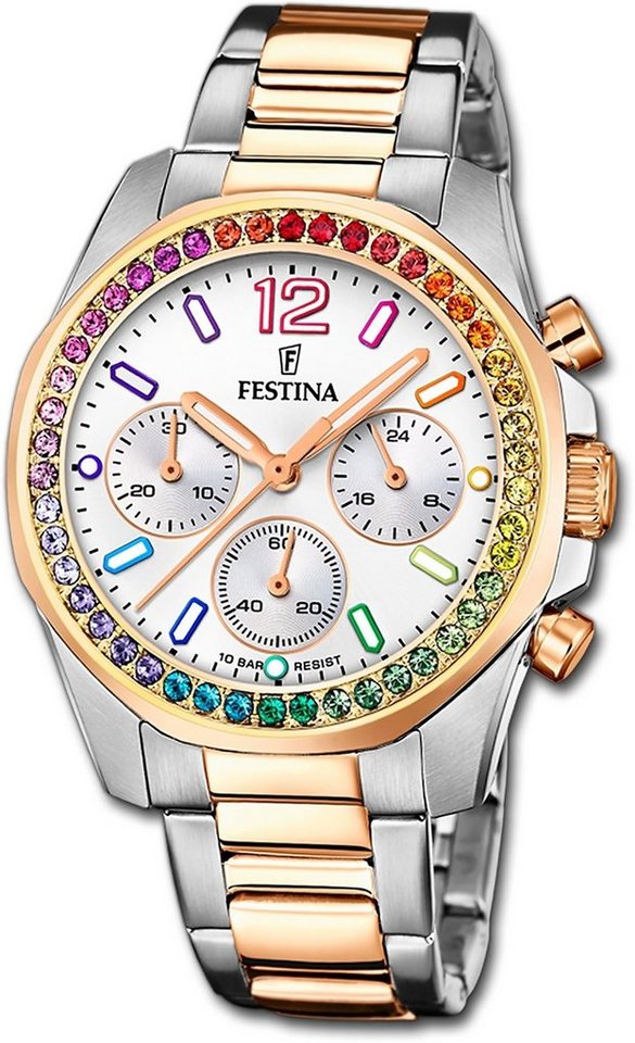 Festina Quarzuhr Festina Damenuhr Boyfriend Armbanduhr, Damenuhr Edelstahlarmband silber, rosé, rund, mittel (ca. 38mm) von Festina