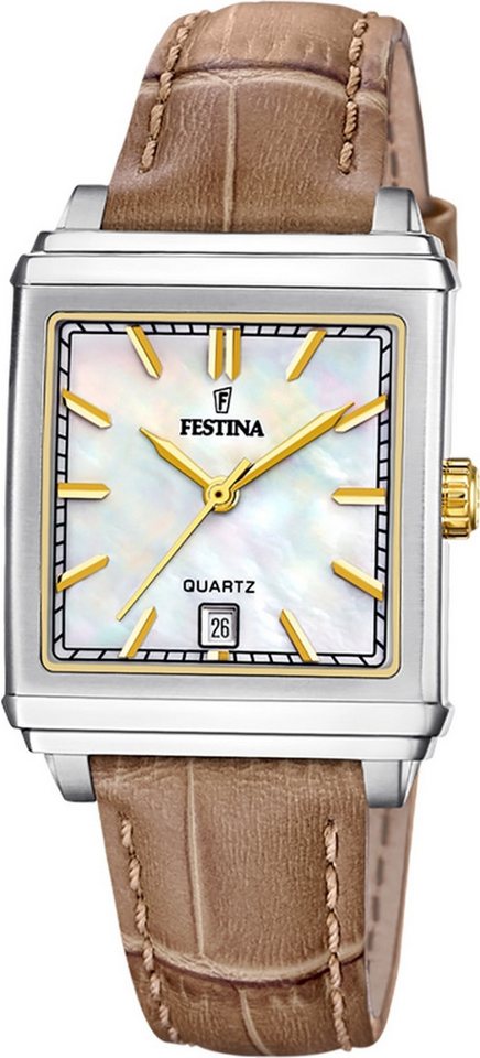 Festina Quarzuhr Festina Damenuhr Leder beige hellbraun, (Analoguhr), Damen Armbanduhr rechteckig, Lederarmband beige, hellbraun, Fashion von Festina