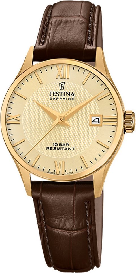 Festina Quarzuhr Festina Damenuhr Swiss Made Armbanduhr, (Analoguhr), Damen Armbanduhr rund, Lederarmband braun, Elegant von Festina