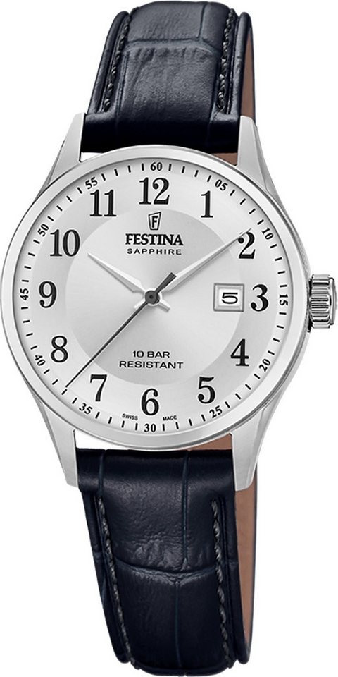 Festina Quarzuhr Festina Damenuhr Swiss Made Armbanduhr, (Analoguhr), Damen Armbanduhr rund, Lederarmband schwarz, Elegant von Festina