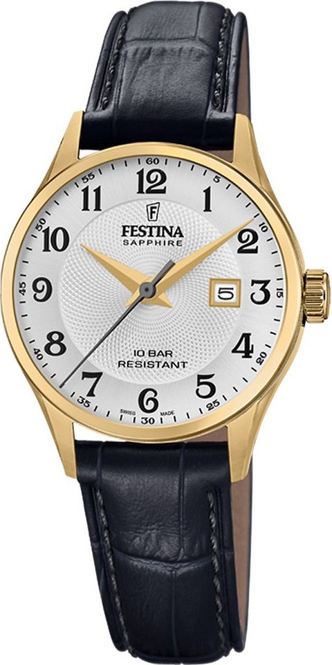 Festina Quarzuhr Festina Damenuhr Swiss Made Armbanduhr, (Analoguhr), Damen Armbanduhr rund, Lederarmband schwarz, Elegant von Festina