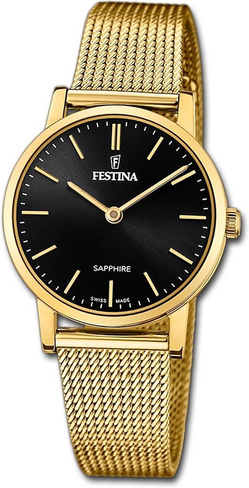 Festina Quarzuhr Festina Damenuhr Swiss Made Armbanduhr, Damenuhr Edelstahlarmband gold, rund, klein (ca. 29mm) von Festina