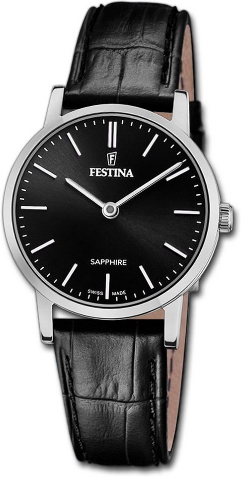 Festina Quarzuhr Festina Damenuhr Swiss Made Armbanduhr, Damenuhr Lederarmband schwarz, rund, klein (ca. 29mm) von Festina