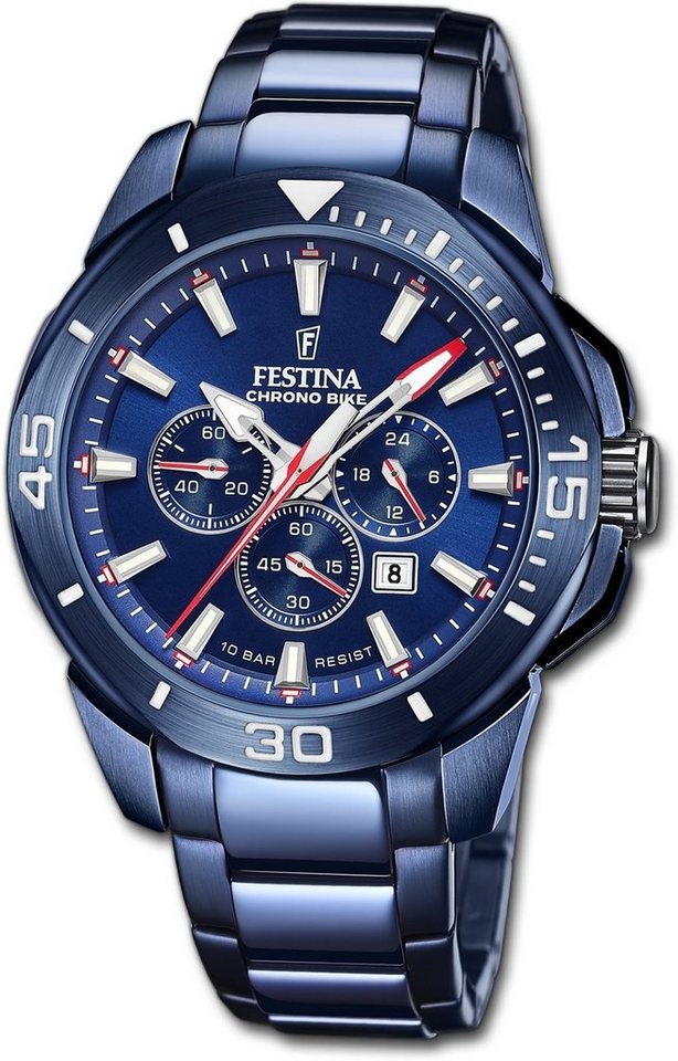 Festina Quarzuhr Festina Herrenuhr Chrono Bike, Herrenuhr Edelstahlarmband blau, rund, extra groß (ca. 47mm) von Festina