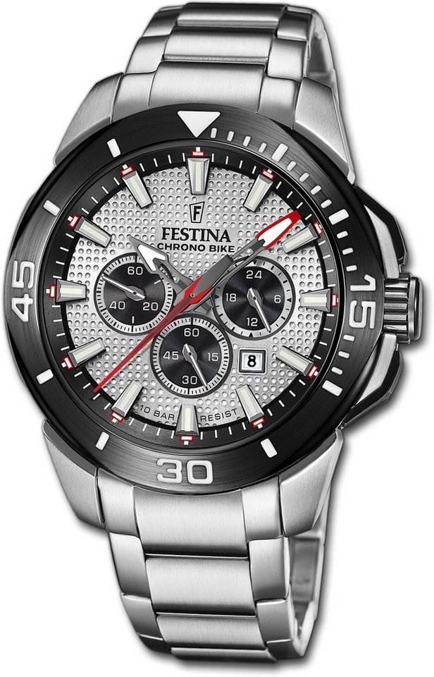 Festina Quarzuhr Festina Herrenuhr Chrono Bike, Herrenuhr Edelstahlarmband silber, rund, extra groß (ca. 47mm) von Festina