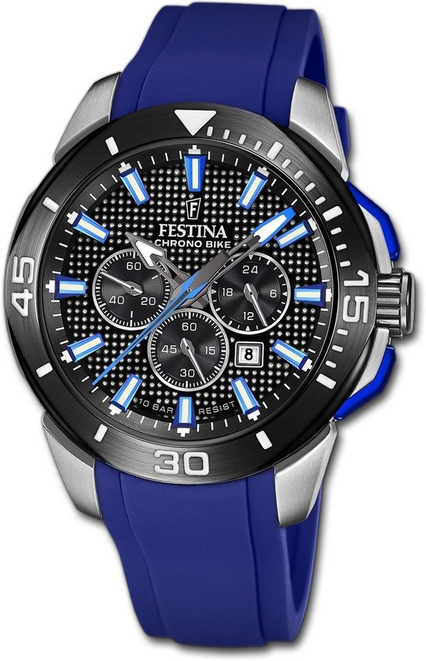 Festina Quarzuhr Festina Herrenuhr Chrono Bike, Herrenuhr Kautschukarmband blau, rund, extra groß (ca. 47mm) von Festina