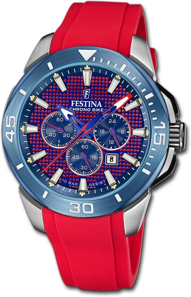 Festina Quarzuhr Festina Herrenuhr Chrono Bike, Herrenuhr Kautschukarmband rot, rund, extra groß (ca. 47mm) von Festina