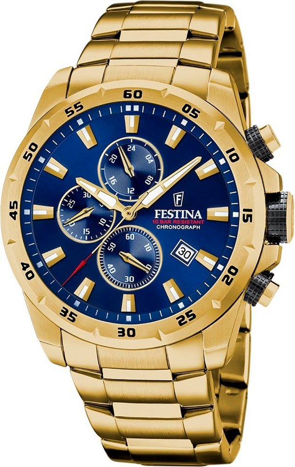 Festina Quarzuhr Festina Herrenuhr Chronograph Sport, (Analoguhr), Herren Armbanduhr rund, Edelstahlarmband gold, Sportlich von Festina