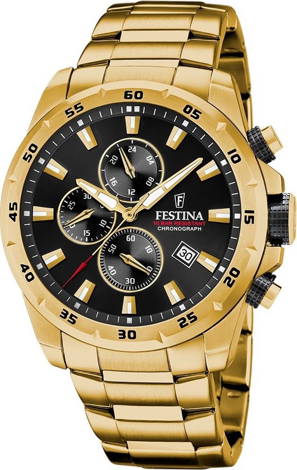 Festina Quarzuhr Festina Herrenuhr Chronograph Sport, (Analoguhr), Herren Armbanduhr rund, Edelstahlarmband gold, Sportlich von Festina