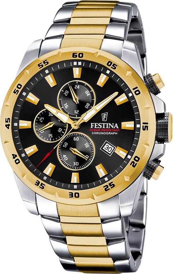 Festina Quarzuhr Festina Herrenuhr Chronograph Sport, (Analoguhr), Herren Armbanduhr rund, Edelstahlarmband silber, gold, Sportlich von Festina