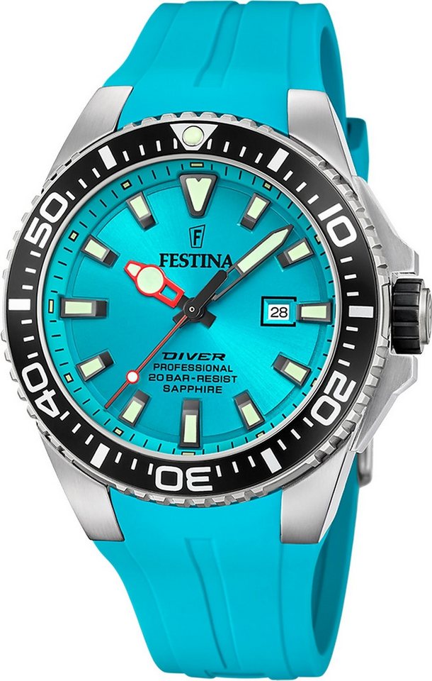 Festina Quarzuhr Festina Herrenuhr Kautschuk türkis, (Analoguhr), Herren Armbanduhr rund, Kautschukarmband türkis, Casual von Festina