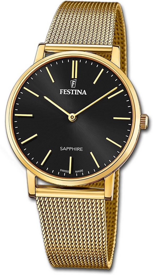 Festina Quarzuhr Festina Herrenuhr Swiss Made, (Analoguhr), Herrenuhr Edelstahlarmband gold, rund, mittel (ca. 39mm) von Festina