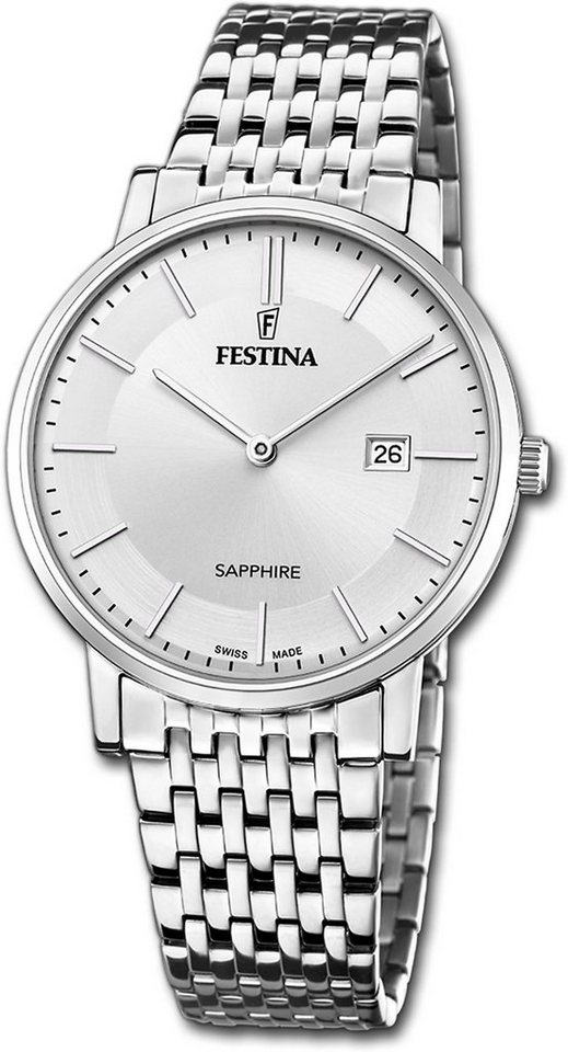 Festina Quarzuhr Festina Herrenuhr Swiss Made, Herrenuhr Edelstahlarmband silber, rund, mittel (ca. 39mm) von Festina