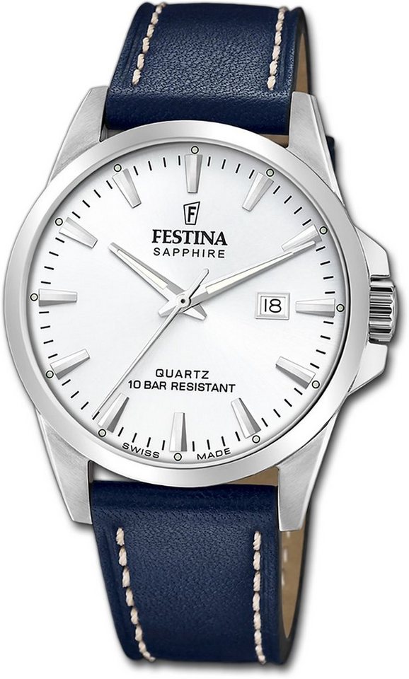 Festina Quarzuhr Festina Herrenuhr Swiss Made, Herrenuhr Lederarmband blau, rund, groß (ca. 41mm) von Festina