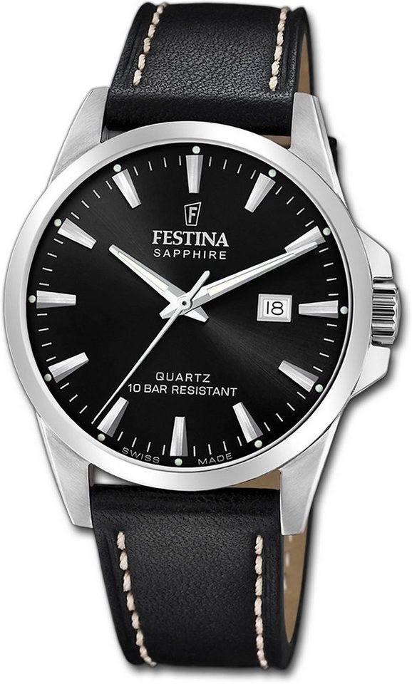 Festina Quarzuhr Festina Herrenuhr Swiss Made, Herrenuhr Lederarmband schwarz, rund, groß (ca. 41mm) von Festina