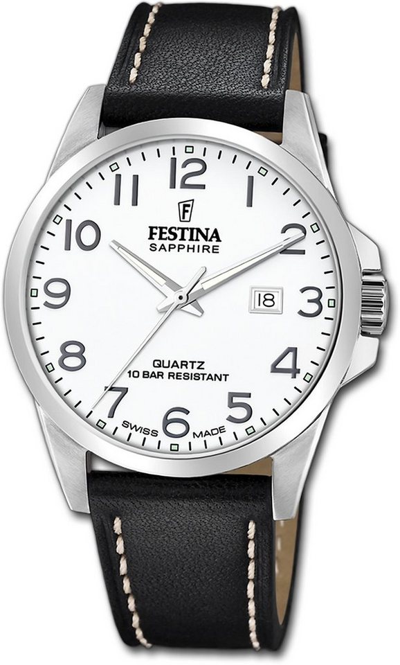 Festina Quarzuhr Festina Herrenuhr Swiss Made, Herrenuhr Lederarmband schwarz, rund, groß (ca. 41mm) von Festina