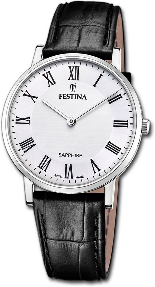 Festina Quarzuhr Festina Herrenuhr Swiss Made, Herrenuhr Lederarmband schwarz, rund, mittel (ca. 39mm) von Festina