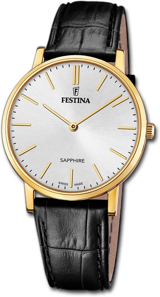 Festina Quarzuhr Festina Herrenuhr Swiss Made, Herrenuhr Lederarmband schwarz, rund, mittel (ca. 39mm) von Festina