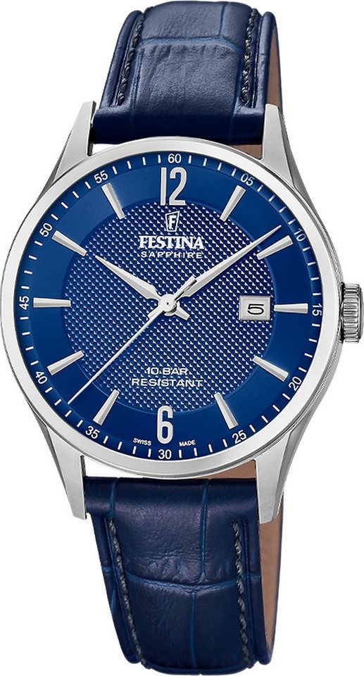 Festina Quarzuhr Festina Herrenuhr Swiss Made Armbanduhr, (Analoguhr), Herren Armbanduhr rund, Lederarmband blau, Elegant von Festina