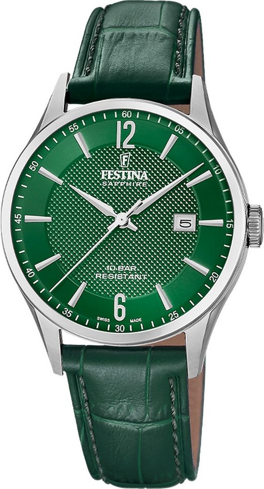 Festina Quarzuhr Festina Herrenuhr Swiss Made Armbanduhr, (Analoguhr), Herren Armbanduhr rund, Lederarmband grün, Elegant von Festina