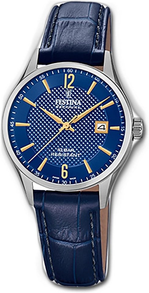 Festina Quarzuhr Festina Leder Damen Uhr, Damenuhr Lederarmband blau, rund, klein (ca. 29mm) von Festina