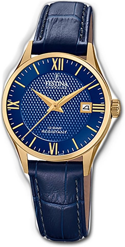 Festina Quarzuhr Festina Leder Damen Uhr, Damenuhr Lederarmband blau, rund, klein (ca. 29mm) von Festina