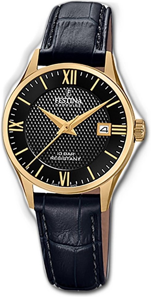 Festina Quarzuhr Festina Leder Damen Uhr, Damenuhr Lederarmband schwarz, rund, klein (ca. 29mm) von Festina