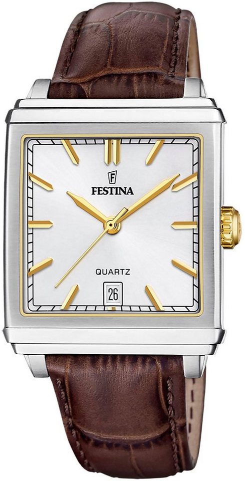 Festina Quarzuhr On The Square F20681/4, Armbanduhr, Herrenuhr, Damenuhr, Lederarmband, Datum von Festina