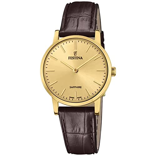 Festina Uhr Für Damen F20017/2 Swiss Made Gold Edelstahl Case BraunLeder Band von Festina