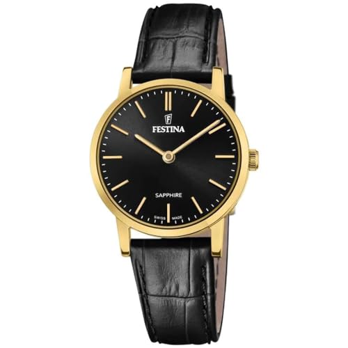 Festina Uhr Für Damen F20017/3 Swiss Made Gold Edelstahl Case SchwarzLeder Band von Festina