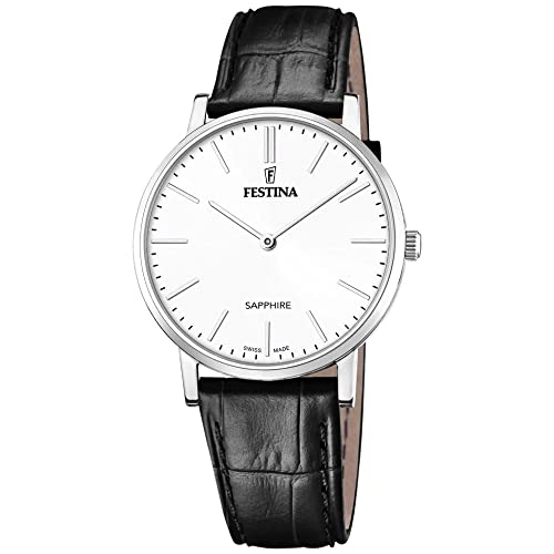 Festina Uhr Für Herren F20012/1 Swiss Made Silber Edelstahl Case SchwarzLeder Band von Festina