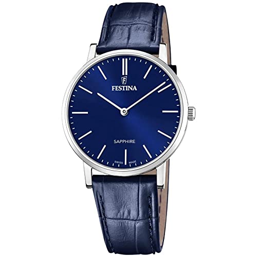 Festina Uhr Für Herren F20012/3 Swiss Made Silber Edelstahl Case BlauLeder Band von Festina